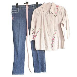 Jones Wear Women's Size 8 Blue Med Wash Floral Embroidery Fringe Jeans & Top